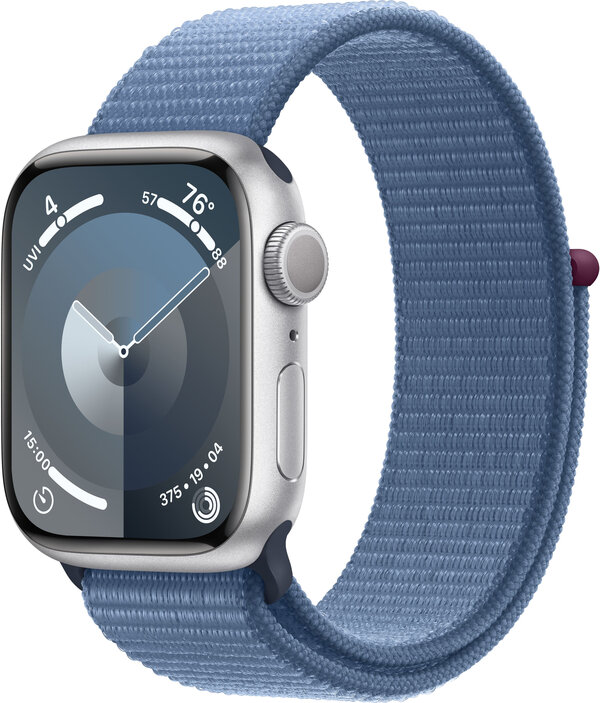 Apple Watch Series 9, 41 мм, корпус из алюминия серебристого цвета, спортивный ремешок Loop синего цвета (MR923)