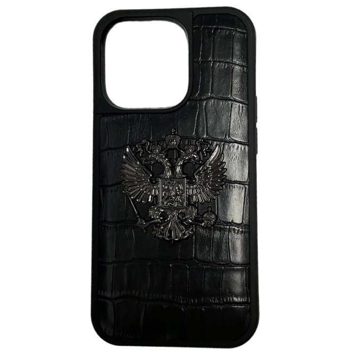 Чехол Leather Case с металлическим гербом для iPhone 14 Pro, черный