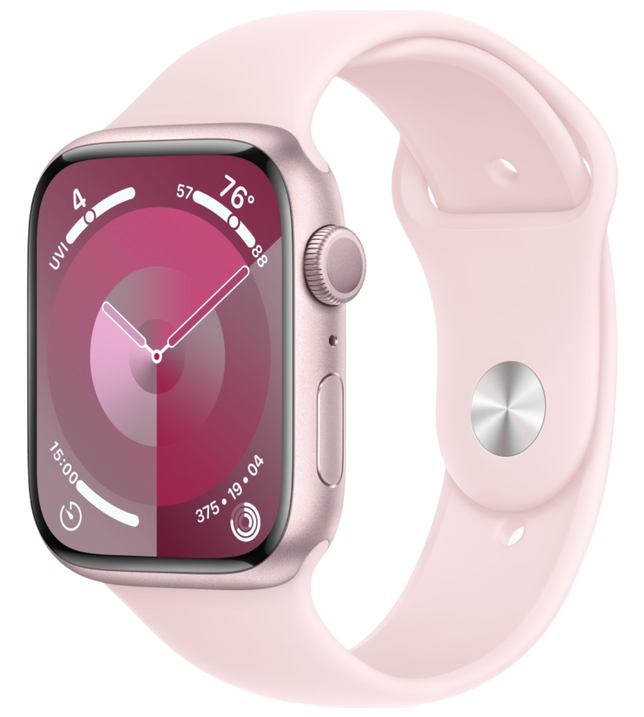 Apple Watch Series 9, 45 мм, корпус из алюминия розового цвета, спортивный ремешок розового цвета S/M (MR9G3)