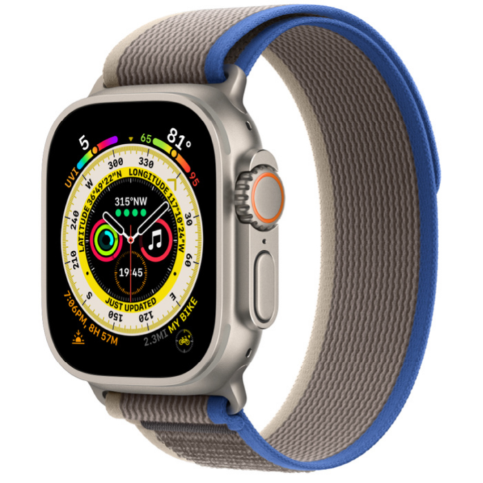 Apple Watch Ultra GPS, 49 мм, корпус из титана, ремешок Trail синего/серого цвета M/L (MQFF3/MQFV3)