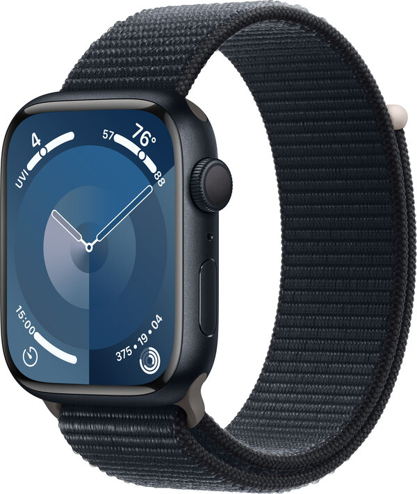 Apple Watch Series 9, 45 мм, корпус из алюминия цвета «темная ночь», спортивный ремешок Loop «темная ночь» (MR9C3)