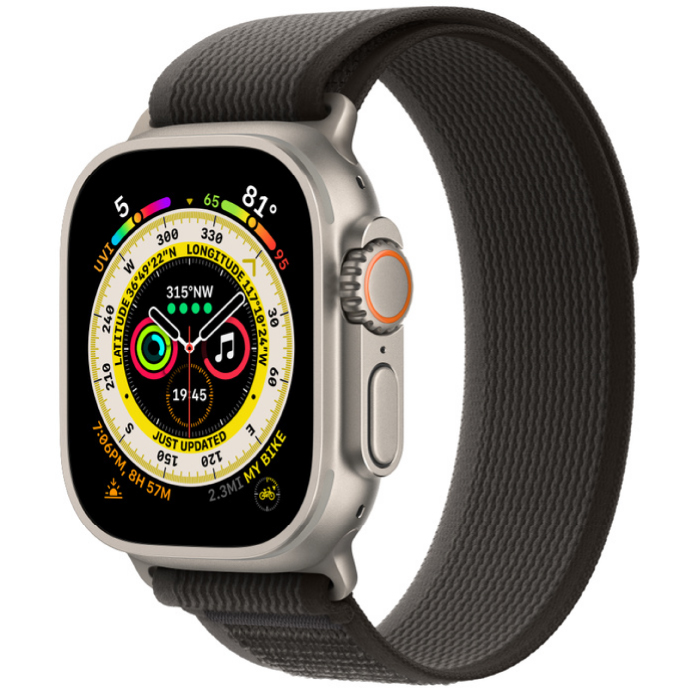 Apple Watch Ultra GPS, 49 мм, корпус из титана, ремешок Trail черного/серого цвета M/L (MQFG3/MQFX3)