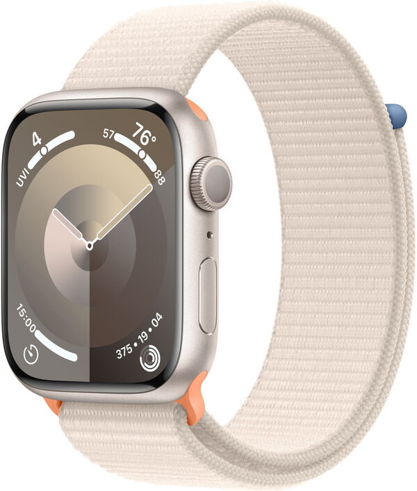 Apple Watch Series 9, 45 мм, корпус из алюминия цвета «сияющая звезда», спортивный ремешок Loop «сияющая звезда» (MR983)