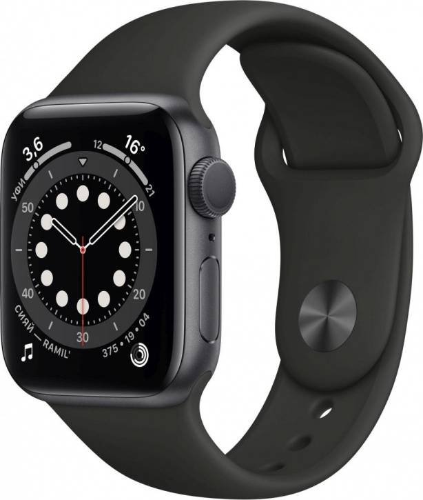 Apple Watch Series 6, 44 мм, корпус из алюминия цвета «серый космос», спортивный ремешок чёрного цвета (M00H3)