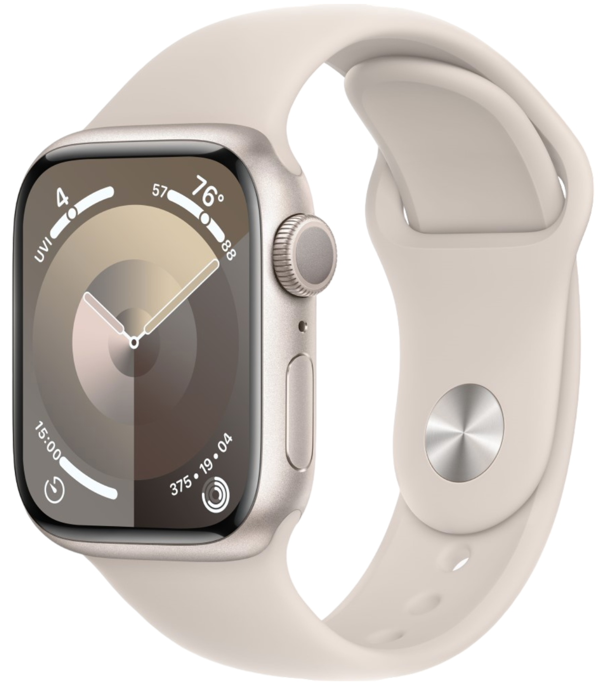 Apple Watch Series 9, 41 мм, корпус из алюминия цвета «сияющая звезда», спортивный ремешок «сияющая звезда» S/M (MR8T3)
