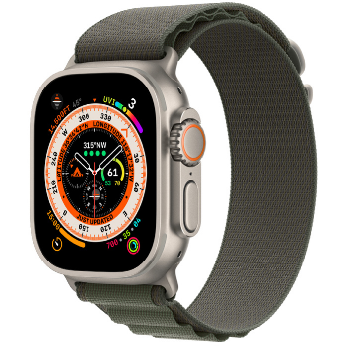 Apple Watch Ultra GPS, 49 мм, корпус из титана, ремешок Alpine зеленого цвета, M (MQF8ZA)