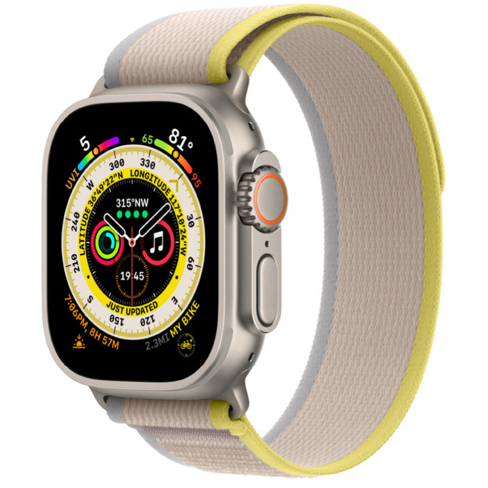 Apple Watch Ultra GPS, 49 мм, корпус из титана, ремешок Trail желтого/бежевого цвета, S/M (MQFU3 / MQF23/MNHK3)