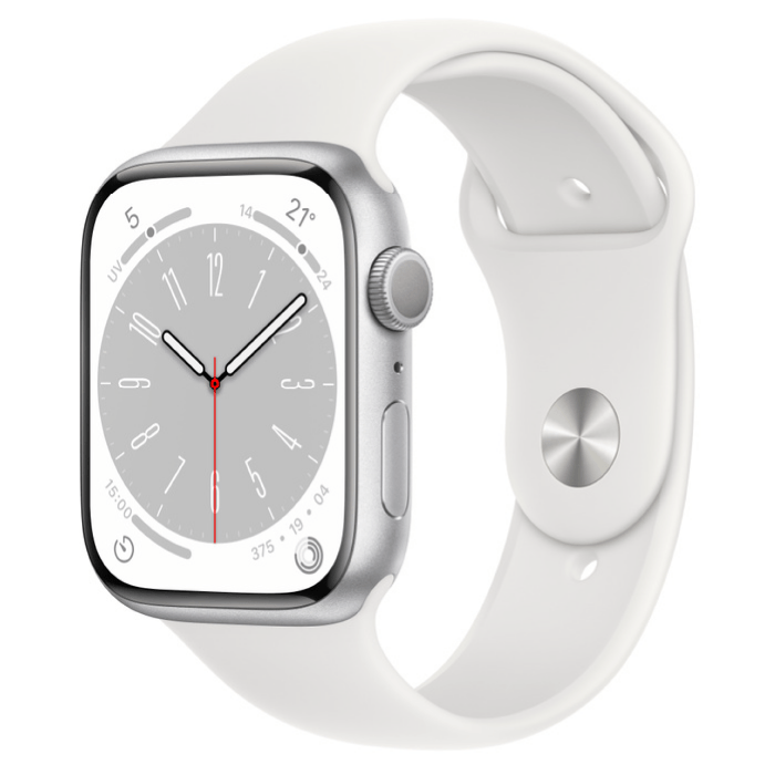 Apple Watch Series 8, 45 мм, корпус из алюминия серебристого цвета, спортивный ремешок белого цвета (MP6N3 / MP6P3) S/M