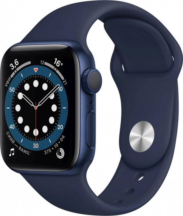Apple Watch Series 6, 40 мм, корпус из алюминия синего цвета, спортивный ремешок «тёмный ультрамарин» (MG143)
