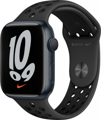 Apple Watch Series 7 Nike, 45 мм, (MKNC3) корпус из алюминия цвета «темная ночь», спортивный ремешок цвета «антрацитовый/чёрный»