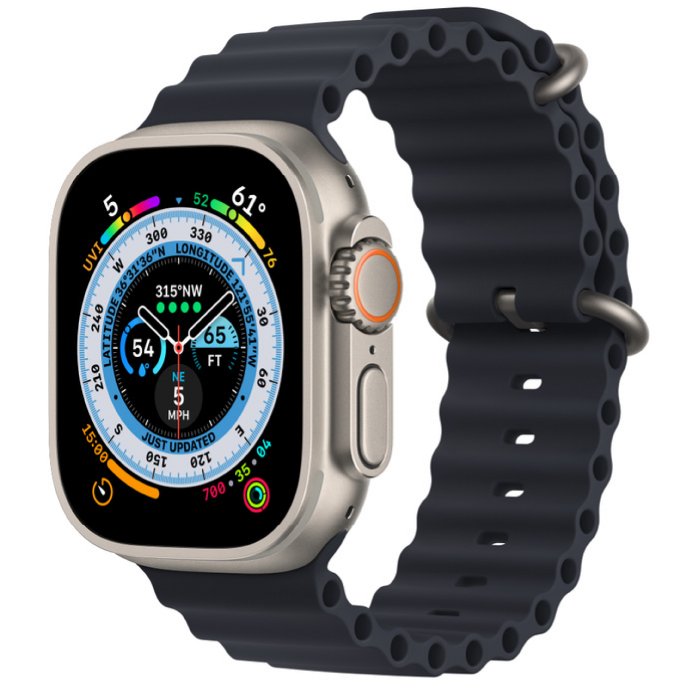 Apple Watch Ultra GPS, 49 мм, корпус из титана, ремешок Ocean цвета «тёмная ночь» (MQF63/MQET3/MQFK3)