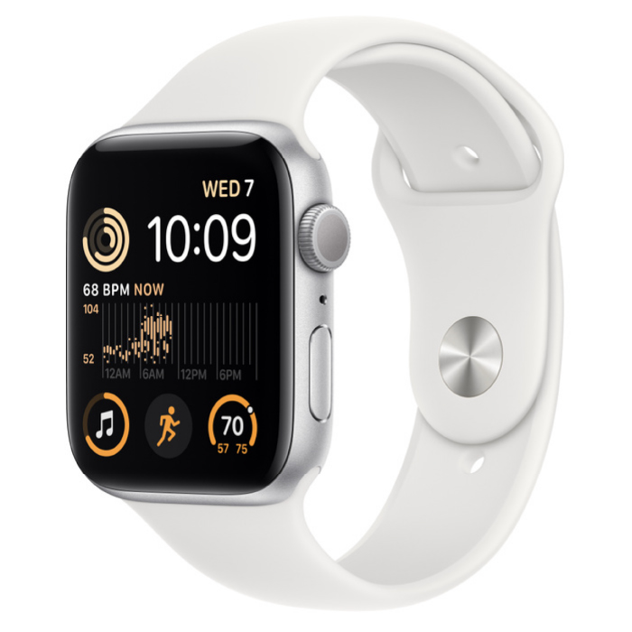 Apple Watch SE 2022, 44 мм, корпус из алюминия серебристого цвета, спортивный браслет белого цвета (MNTH3/MNK23/MNTJ3) M/L