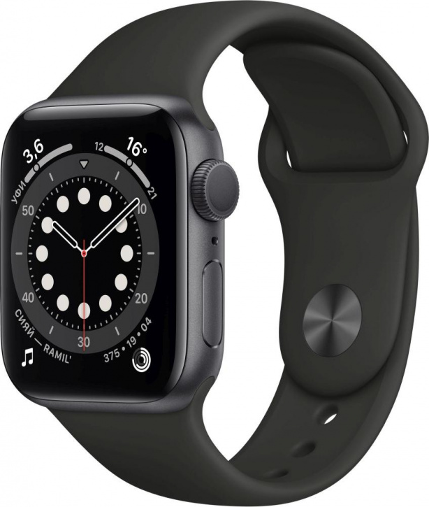 Apple Watch Series 6, 44 мм, корпус из алюминия цвета «серый космос», спортивный ремешок чёрного цвета (M07H3)