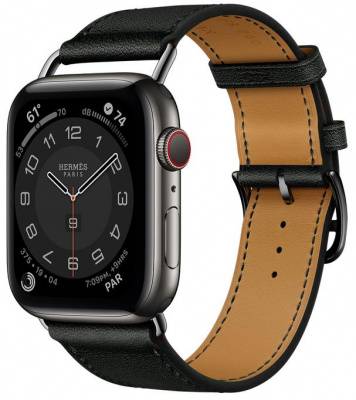 Apple Watch Hermes Series 6 GPS + Cellular 44mm Space Black Stainless Steel Case with Noir Swift Leather Single Tour MG3H3B/A