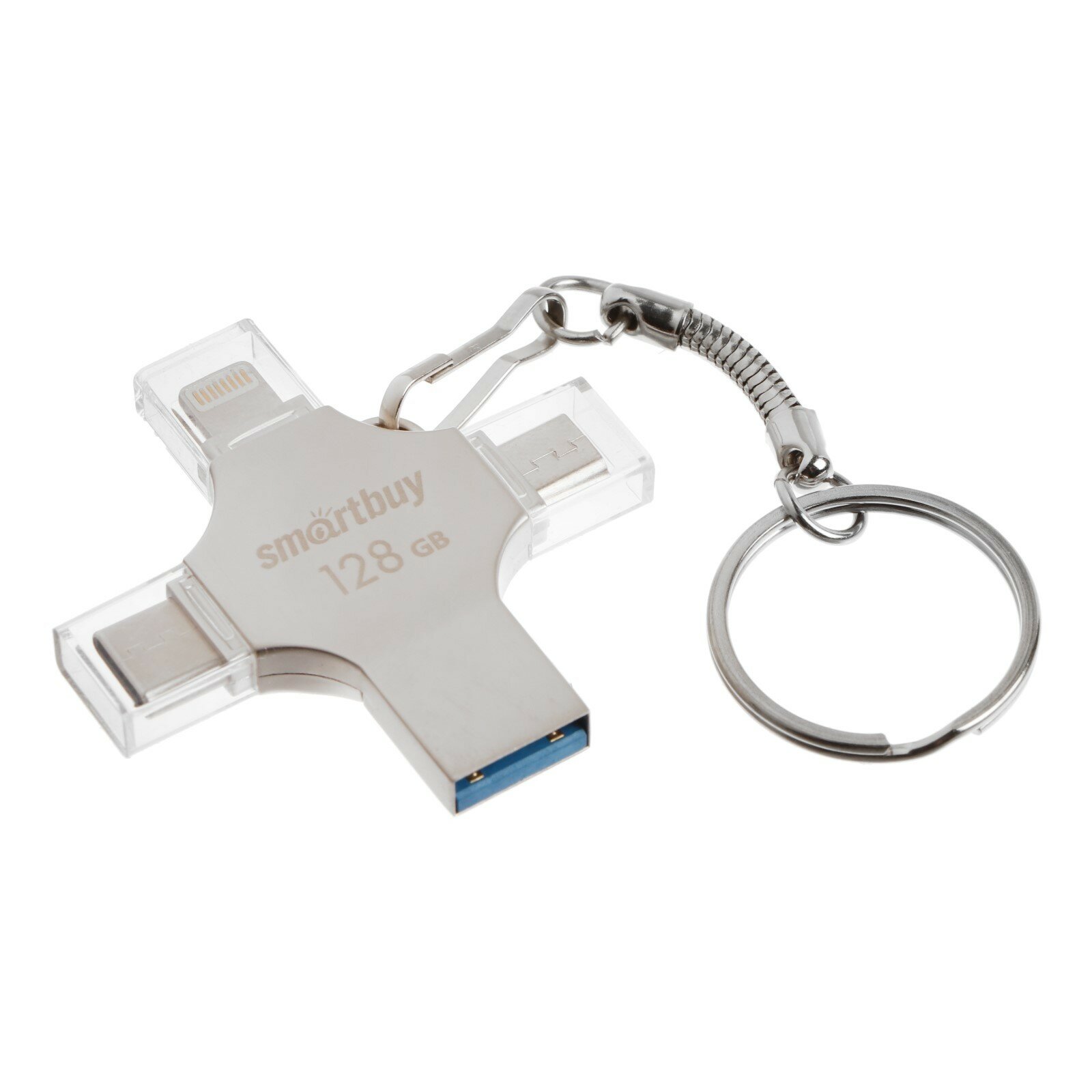 Флеш-накопитель USB 3.0 SmartBuy MC15 Metal Quad 4-in-1 (Lightning + USB Type-A + USB Type-C + micro USB) серебро металл