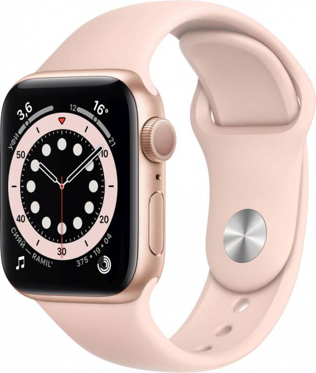 Apple Watch Series 6, 40 мм, корпус из алюминия золотого цвета, спортивный ремешок цвета «розовый песок» (MG123)