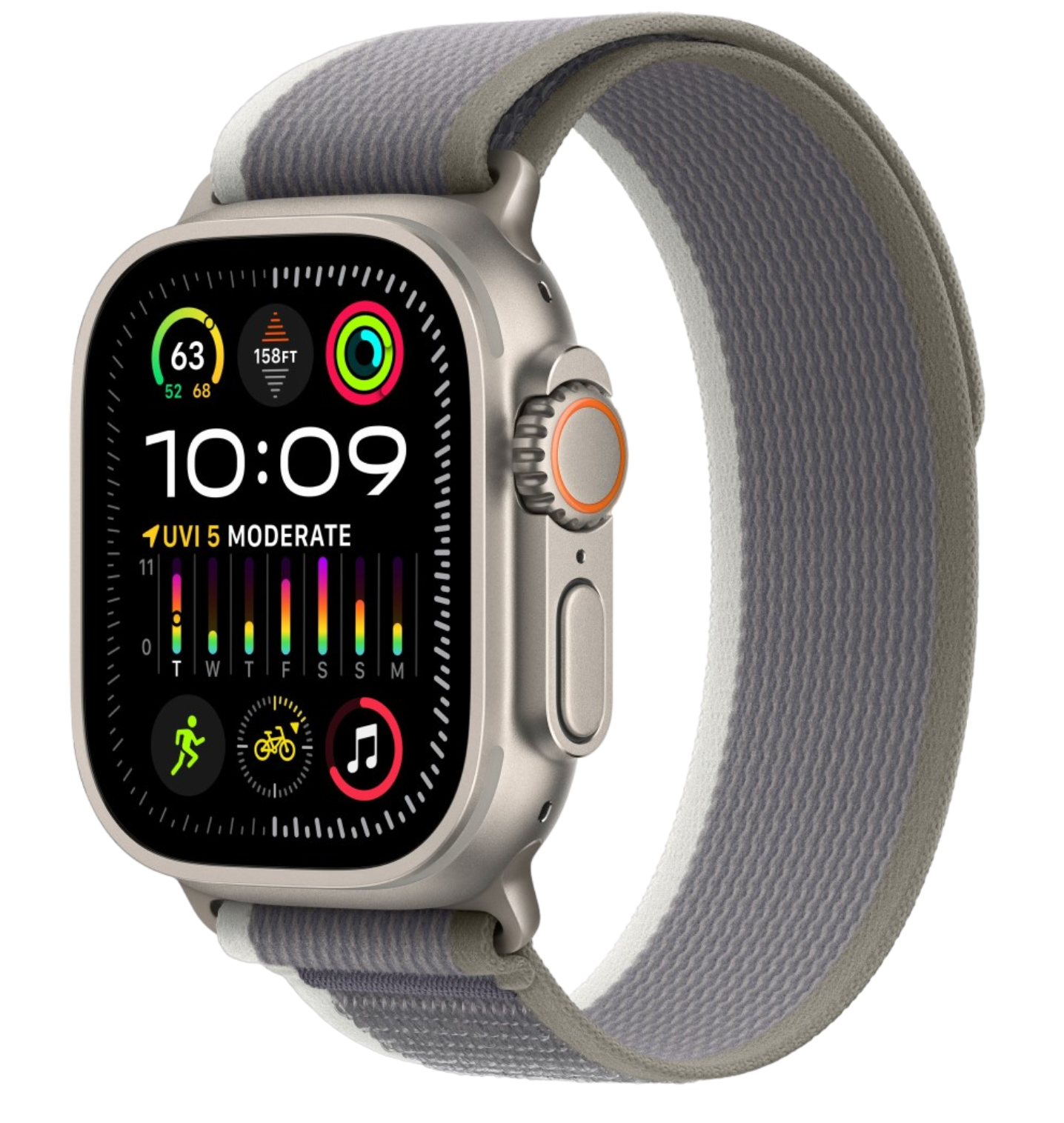 Apple Watch Ultra 2 GPS, 49 мм, корпус из титана, ремешок Trail зеленого/серого цвета S/M (MRFN3/MRF33)