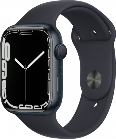 Apple Watch Series 7, 45 мм,(MKN53) корпус из алюминия цвета «темная ночь», спортивный ремешок «темная ночь»