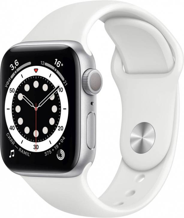 Apple Watch Series 6, 44 мм, корпус из алюминия серебристого цвета, спортивный ремешок белого цвета (M00D3)