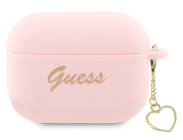 Чехол Guess для Airpods Pro 2 Silicone Script logo with Heart charm, розовый
